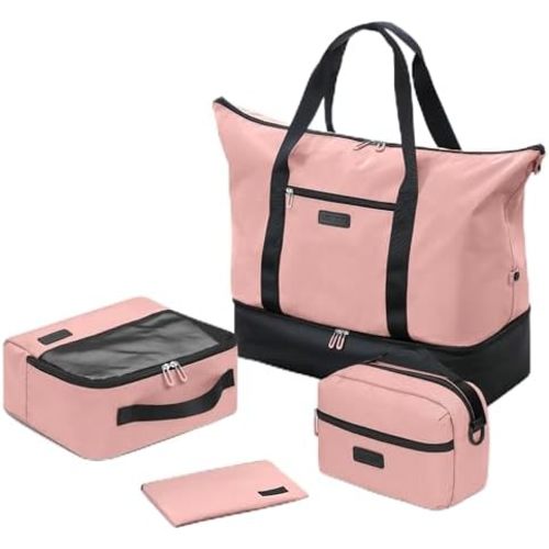Oeihuivt Weekender Bags for Women - 21 Inch Large Travel Duffel Bag 2-Piece Set with Shoe Compartment, Heavy-Duty Canvas Leather Carry On Overnight Tote