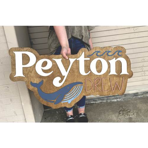 Whale name sign, name sign, large wood name sign, whale nursery name sign, above crib cut out, layered baby name sign, cut out sign