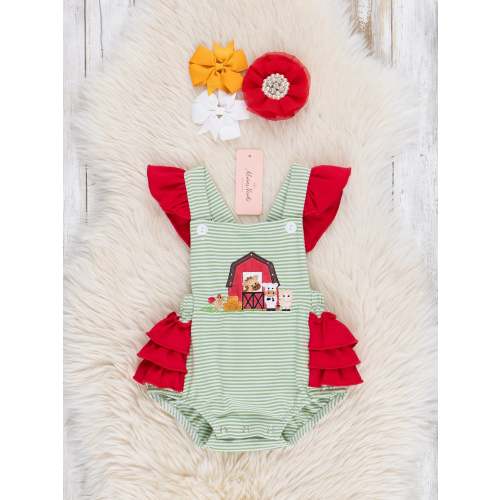 Striped Embroidered Farmhouse Cotton Ruffle Bubble Romper