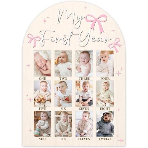 My First Year Photo Board, Pink Bow Baby's First Year Photo Frame 12 Monthly Milestone Picture Frame, Gift for Newborn Baby 1st Birthday Memories Nursery Decoration -07