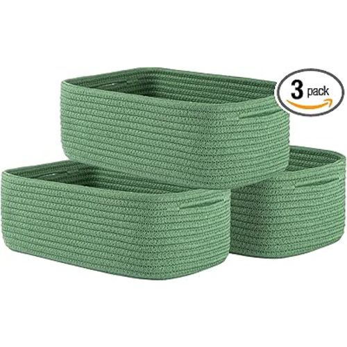 Small Woven Basket, 12 x 8 x 4.5 Inches, Storage Basket for Organizing, Cute Small Rope Shelf Closet Cube Storage Bins Baskets for Shelves, Dog Toy Gift Baskets Empty, 3 Packs, Green