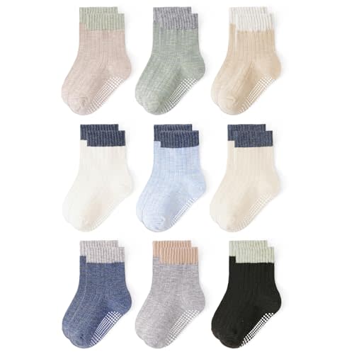 Baby Toddler Essentials Non-Slip Crew Socks for Unisex Boys Girls | Full-Sole Silicone Grips,Combed Cotton,9 Pairs Neutral Colors,Reinforced Heel & Toe,Elastic Cuff,Machine Washable