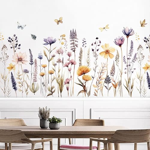 Flowers Wall Decals Boho Flower Wall Stickers Watercolor Wildflower Grass Wall Art Garden Plants Leaves Lavender Floral Daisy Wall Murals Abstract Butterfly Home Decor for Kids Girls Bedroom Nursery