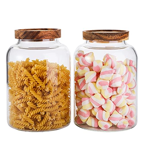 Bekith 2 Pack Large Glass Food Storage Jar with Airtight Wooden Lid, 66 FL OZ(1950ml) Glass Food Canister for Kitchen and Pantry Organization, Storage Containers for Coffee, Rice, Sugar, Flour