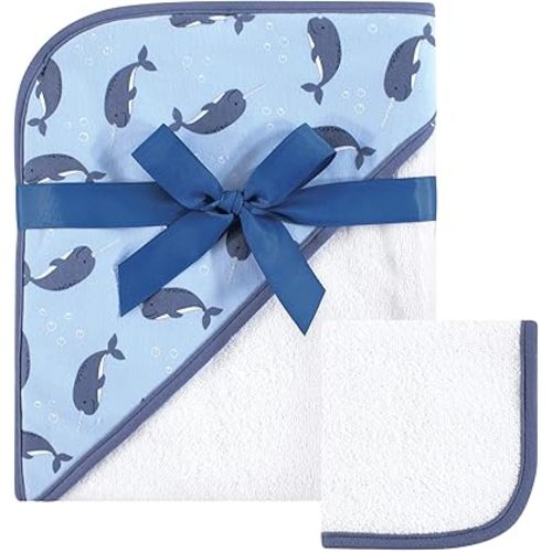 Hudson Baby Unisex Baby Cotton Hooded Towel and Washcloth, Narwhal, One Size