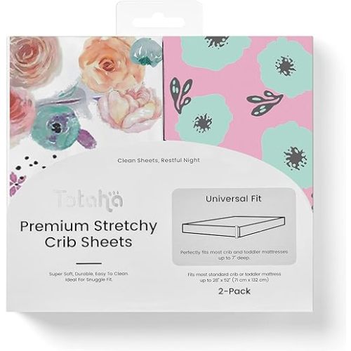 TotAha Crib Sheets 2-Pack Jersey-Knit 9'' Extra Deep Pocket Colorful Flora Blue Flowers