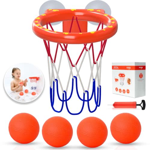Bath Toys, Bathtub Basketball Hoop for Toddlers & Kids, Shower Toy, 4 Balls | Strong Suction Cups Basketball Hoop and 4 Soft Mold-Free Balls, Fun Bath Time Toys for Toddlers, Boys and Girls