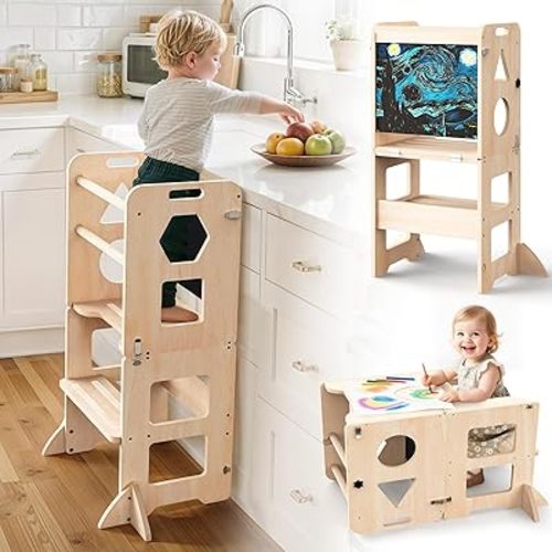 4-in-1 Toddler Kitchen Step Stool, Foldable Learning Standing Tower with Blackboard, Wooden Kitchen Stool Helper for Kids, 1-3 Year Old Boy Girl Gifts