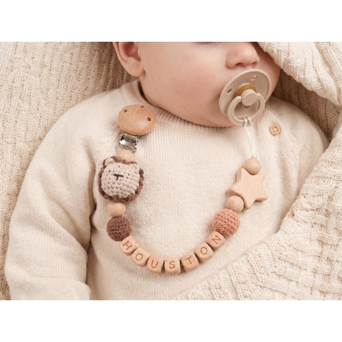 Crocheted Animal Pacifier Clip: Personalized Wooden Name Binky Holder