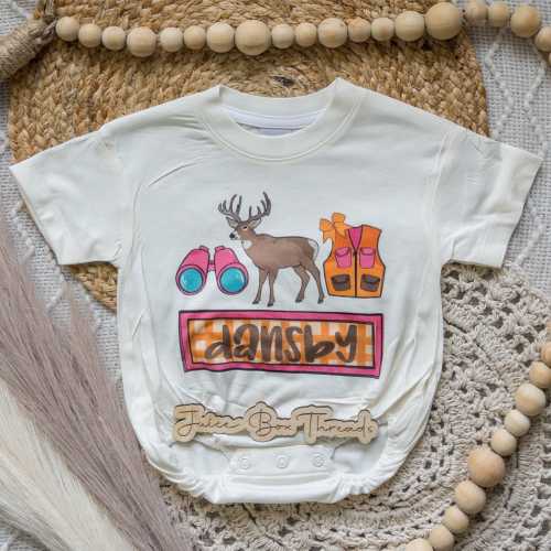 Deer Name Girl Bubble Romper Bodysuit, Personalized Deer Hunting Tee, Custom Kid's Hunting Baggy Romper, Deer Name Tee, CPSC Compliant