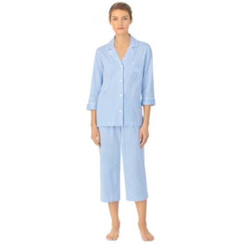 Womens 3/4 Sleeve Cotton Notch Collar Capri Pant Pajama Set