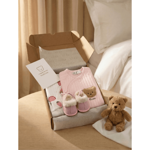 The Cozy Pink Boucle Baby Bear & Strawberry Personalised Gift Box
