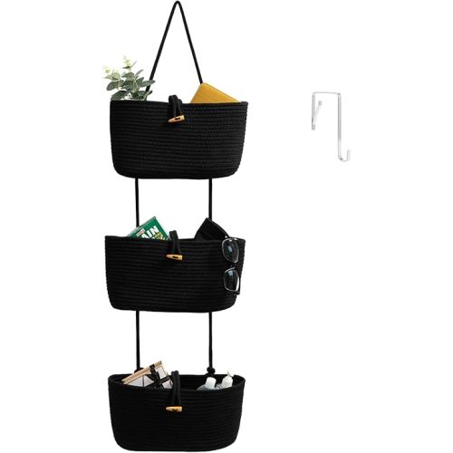 TeoKJ Over the Door Hanging Baskets with Button Strap, 3-Tier Woven Cotton Storage Organizer Bag, Wall-Mounted with Hook Decorative Hanging Nursery Baskets - Black