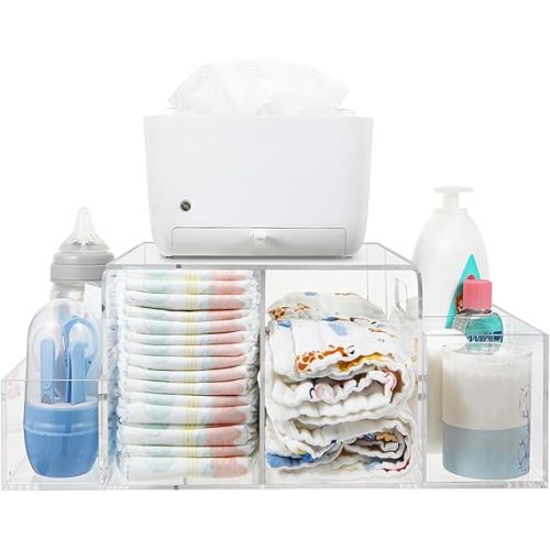 Acrylic Diaper Caddy, Baby Wipes Organizer for Changing Table, Dresser Top Tabletop Organizer with 4 Detachable Compartments, Anti-slip Rubber Feet, Newborn Baby Essentials, Clear