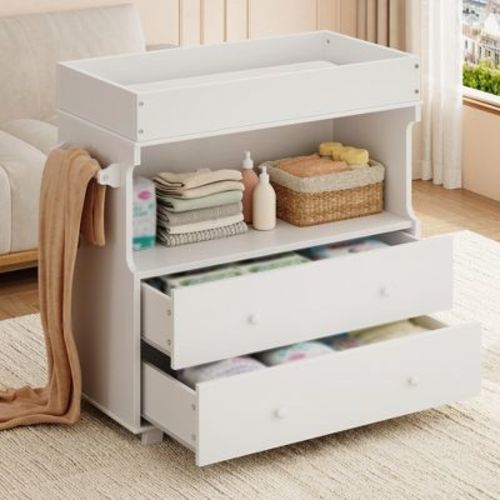 Baby Changing Table Dresser, Nursery Dresser with Changing Table Top, Modern Diaper Changing Station with 2 Drawers & Open Shelf for Children's Room