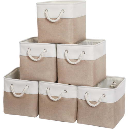 11 x 11 Inch Storage Cubes, 6 Pack Large Collapsible Fabric Storage Bin, White&Beige