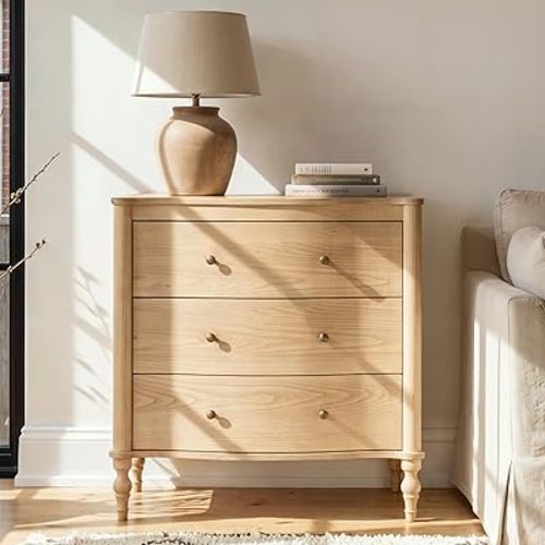 Homsee 3 Drawer Dresser for Bedroom, 31.5-Inch Height Curved Design Wooden Nightstand, Mid Century Closet Dresser Wide Chest of Drawers with Rubberwood Legs for Living Room, Natural