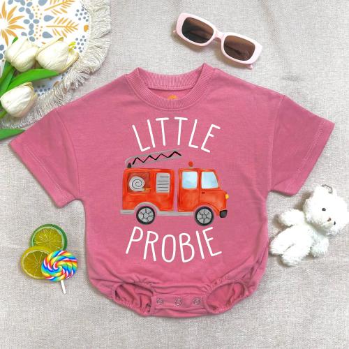 Little Probie Firetruck Romper, Firefighter Baby Clothes, Handmade Cotton Romper