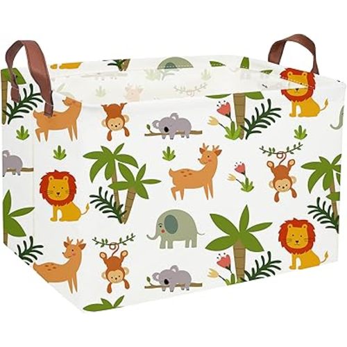 Essme Rectangular Animals Storage Basket,Green Baskets,Nursery Storage Bin Organizer with Handles for Jungle Decor,Shelf Bins,Animal Basket.(Jungle animal)