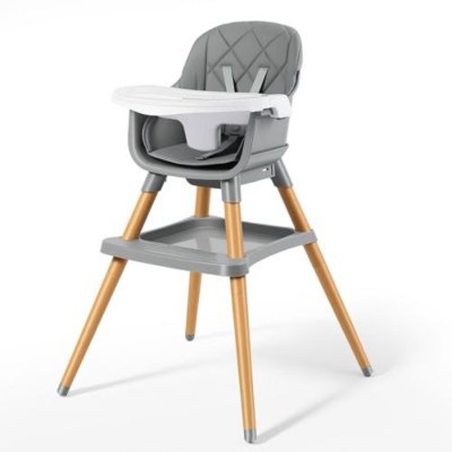 TODECARE High Chair, 7 in 1 Convertible Wooden Highchair for Babies & Toddlers with Adjustable Legs, Double Removable Tray, Safety Harness, Grey