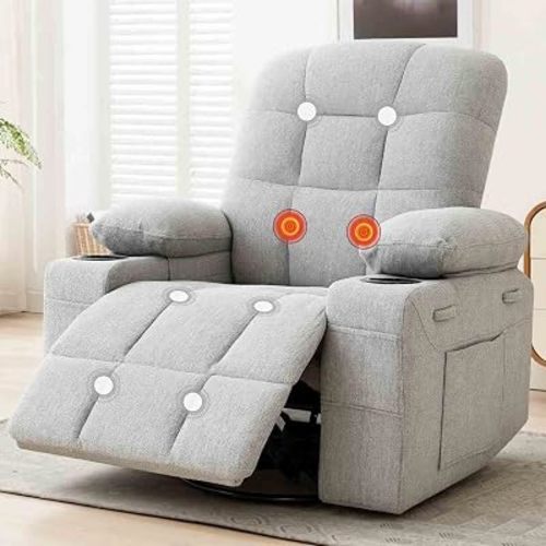 Swivel Rocker Recliner Chair, Recliner Single Sofa with Massage, Manual Nursery Rocking Chair with Side Pockets & Cup Holder, Modern Recliner with Heating for Living Room, Apartment(Gray)