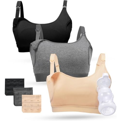 Momcozy Pumping Bra Hands Free, Pumping and Nursing Bra in One Holding Breast Pump for Spectra, Lansinoh, Medela, Black,Grey,skin-3pk, X-Large
