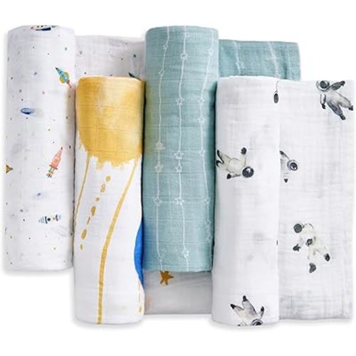 aden + anais 100% Organic Cotton Muslin Swaddles, Breathable Baby Blanket, Ideal for Boys, Girls, Newborns, Babies & Infants, Receiving Blanket, Soft and Lightweight Wrap, 4 Pack, Space Orbit