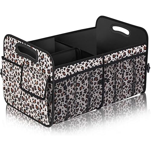 Femuar Car Trunk Organizer, Large Capacity Collapsible Trunk Storage with 11 Pockets, Waterproof, Non-Slip, Suitable for Car, SUV, Truck, Van, Jeep, Sedan, Leopard Print