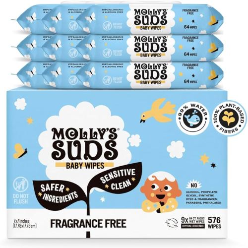 Molly's Suds Sensitive Clean Baby Wipes | 99% Water, Plant-Based, Fragrance Free | 576 Total Wipes (9 Flip-Top Packs)