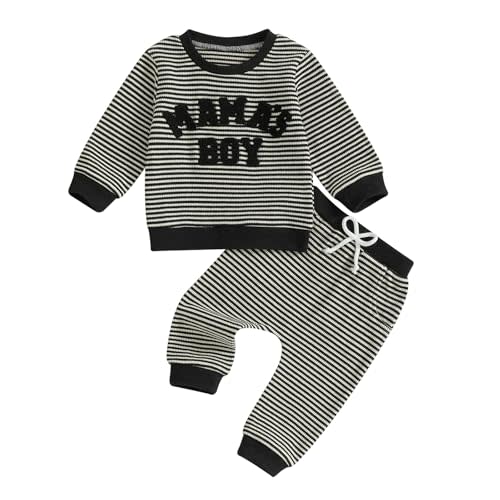 Nyapruwe Toddler Baby Boy Fall Winter Clothes Stripe Letter Embroidery Sweatshirt Tops Pants Set Casual Infant Outfits