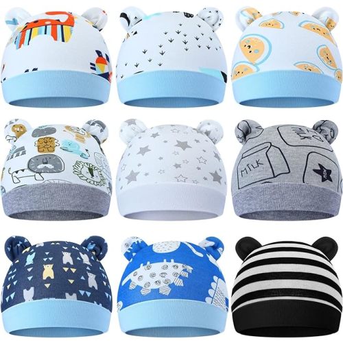 Geyoga 9 Pieces Newborn Baby Hat Bear Ears Infant Caps Baby Boy Girl Toddler Hats Infant Beanie Caps for 0-3 Months