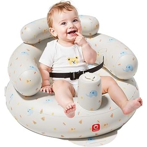 QPAU Inflatable Baby Seat with Safety Harness for Babies 3 Months & Up, Baby Floor Seats for Sitting Up, Baby Seats for Infants, Blow Up Baby Chair with Built in Air Pump (Elephant)