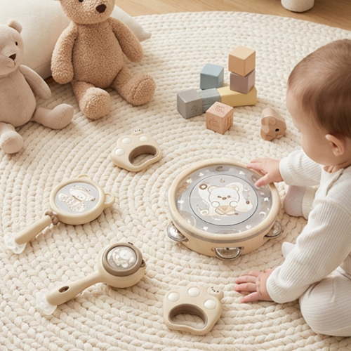 Baby Rattles - Teethers Set of 4, Shaker, Grab Rattle, Tambourine, Musical Toy Set, Early Educational Toys Gifts for 3, 6, 9, 12 Months Baby Infant, Newborn, Unisex