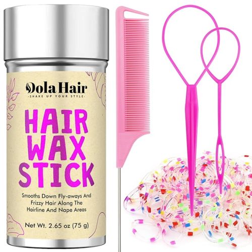 Dolahair Hair Wax Stick & Accessories - Flyaway Control for Kids & Women, 50 Pcs Colorful Elastic Hair Bands, 1 Pcs Slick Back Hair Brush, 2 Hair Loop Styling Tools (Pink)