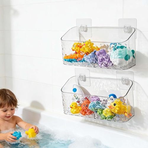 Bath Toy Storage Organizer, Bathtub Toy Storage Holder, Large Capacity Wall Mounted Shower Caddy Shower Organizer, No Drill Shelves Basket, Clear White, 2 Pack