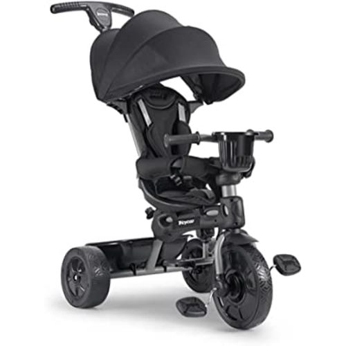 Joovy Tricycoo 4.1 Kids Tricycle with 4-Stages Featuring Extra-Wide Front Tire, Removable and Adjustable Parent Handle, Safety Harness, Machine-Washable Seat Pad, and Retractable Canopy (Black)