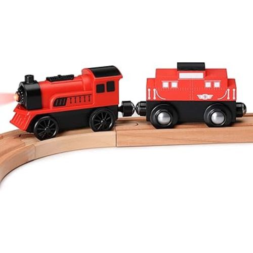 SainSmart Jr. Wooden Train Set Accessories, 2 PCS Motorized Train for Toddlers with Magnetic Connection, Battery Operated Train Compatible with All Major Brands, Gift for Kids Aged 3+