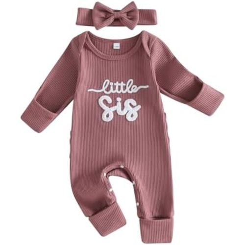 allshope Infant Baby Girl Fall Outfit Sweatshirt Romper Little Sister Lil Sis Long Sleeve Jumpsuit Newborn Clothes