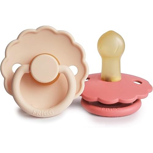 FRIGG Daisy Natural Rubber Baby Pacifier | Made in Denmark | BPA-Free (Pink Cream/Poppy, Size 1) 2-Pack