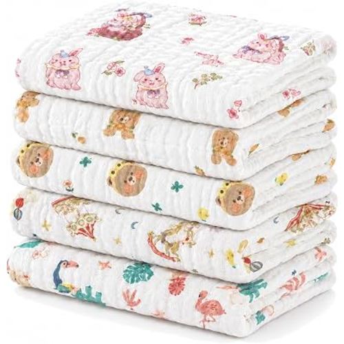 Baby Burp Cloths 5 Pack, 100% Cotton Muslin Burp Cloths for Baby Girl Boy | 6 Layer Gauze Burp Rags, Soft Absorbent Breathable Newborn Burping Cloths, Multi-Use for Spit Up, Drool & Feeding, 10" x 20"