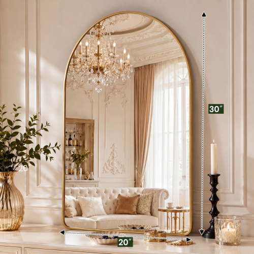 CONCETTA 20"x30" Arched Bathroom Mirror, Aluminum Alloy Framed for Wall, Vanity, Living Room, Bedroom, Entryway, Hallways, Gold