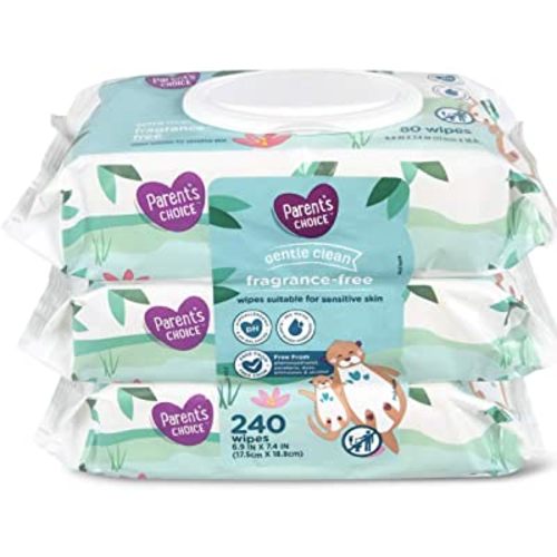 Parent's Choice Gentle Clean Fragrance-free Unscented No Scent Baby Wet Wipes Suitable for Sensitive Skin Infused with Vitamin E and Aloe, 240 Count (Value Pack Includes 3 80-Count Packages) - 1 Pack