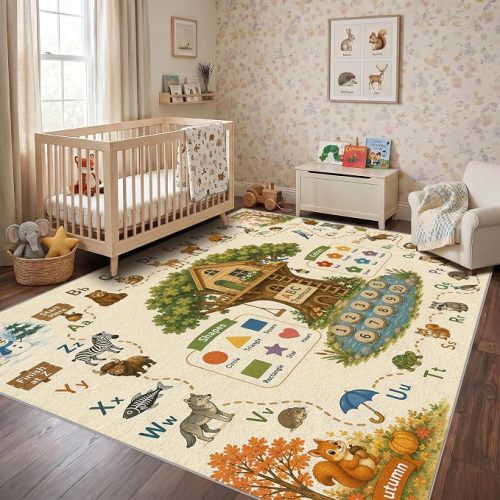 Cream Woodland ABC Treehouse Learning Rug 5x7, Kids Area Rug