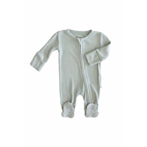 Embroidered Bamboo Waffle Zipper Footie | Seagrass