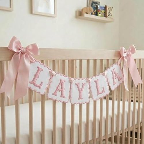 Custom Embroidered Baby Banner, Personalized Baby Name Banner, Scallopped Bow Name Banner, Baby Shower Decor, Pink Nursery Room Decorations, Nursery Garland for Newborn, Baby Shower Gifts Boys Girls