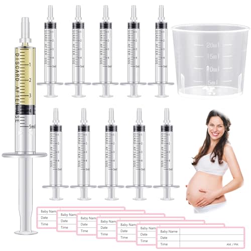 Trelaco Colostrum Collector Kit Include Sterile Sealed Breast Milk Syringes with Caps No Needle Colostrum Syringes Stickers 1 Measuring Cup Harvesting Collection for Breastmilk(100 Sets,5 ml)