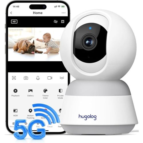 Hugolog 3K 5MP Indoor Pan/Tilt Security Camera with Auto-Focus,2.4 GHZ/5 GHZ,Ideal for Baby Monitor/Pet Camera,Starlight Color Night Vision,Human/Pet AI,Noise Reduction,US Cloud,Works with Alexa