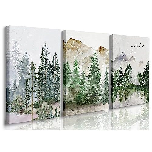 GUBIYU Nursery Decor Boho Framed Canvas Wall Art Set of 3 Sage Green Forest Mountain Nature Landscape Prints Minimalist Modern Art Woodland Nursery Decor for Baby Boy Bedroom Toddler Room 12"x16"