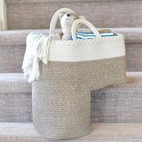 Stair Basket for Carpeted & Wooden Stairs - Cotton Rope Basket Staircase Handles - Storage Stair Steps For Laundry, Toys, Nursery Caddy - Cream & Brown 15.75" L x 7.87" W x 15.75 "H