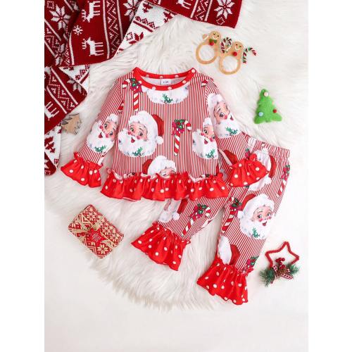 2pcs/Set Baby Girls Casual Christmas Santa Claus Polka Dot & Striped Pattern Soft Comfortable Flare Sleeve T-Shirt And Flare Pants Set | SHEIN USA